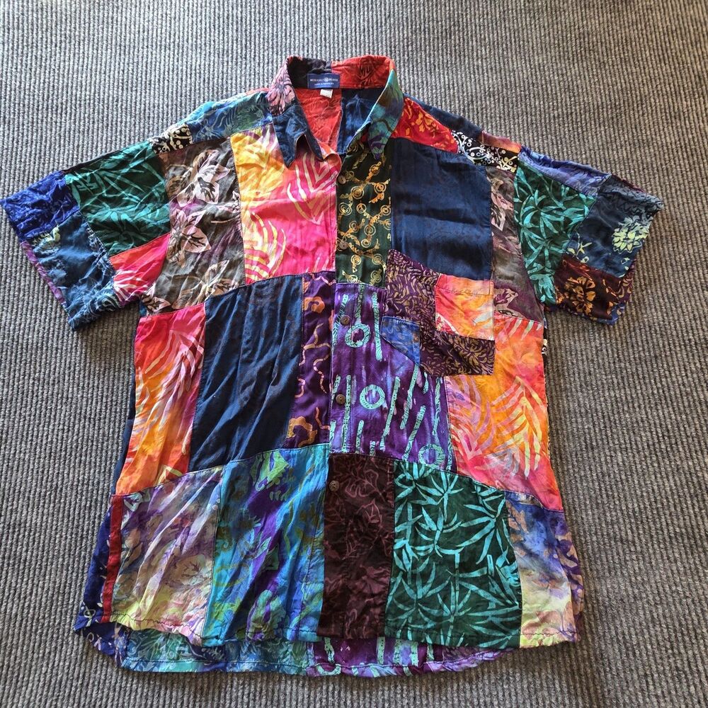 Mexicali Blues Mens XL Patchwork Shirt Short Sleeve Button Up Colorful EUC